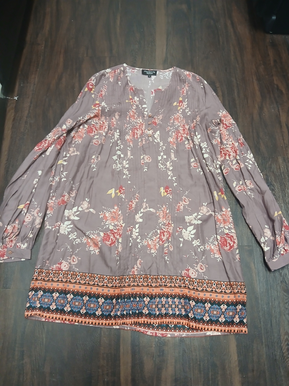Women’s Floral Long Sleeve Dress - Taupe with Rose Print